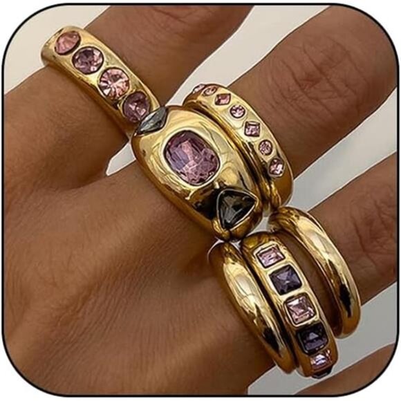 ✨ Chunky Gold Rings Set | Hollow Diamond Adjustable Stackable Statement Rings - Picture 1 of 5